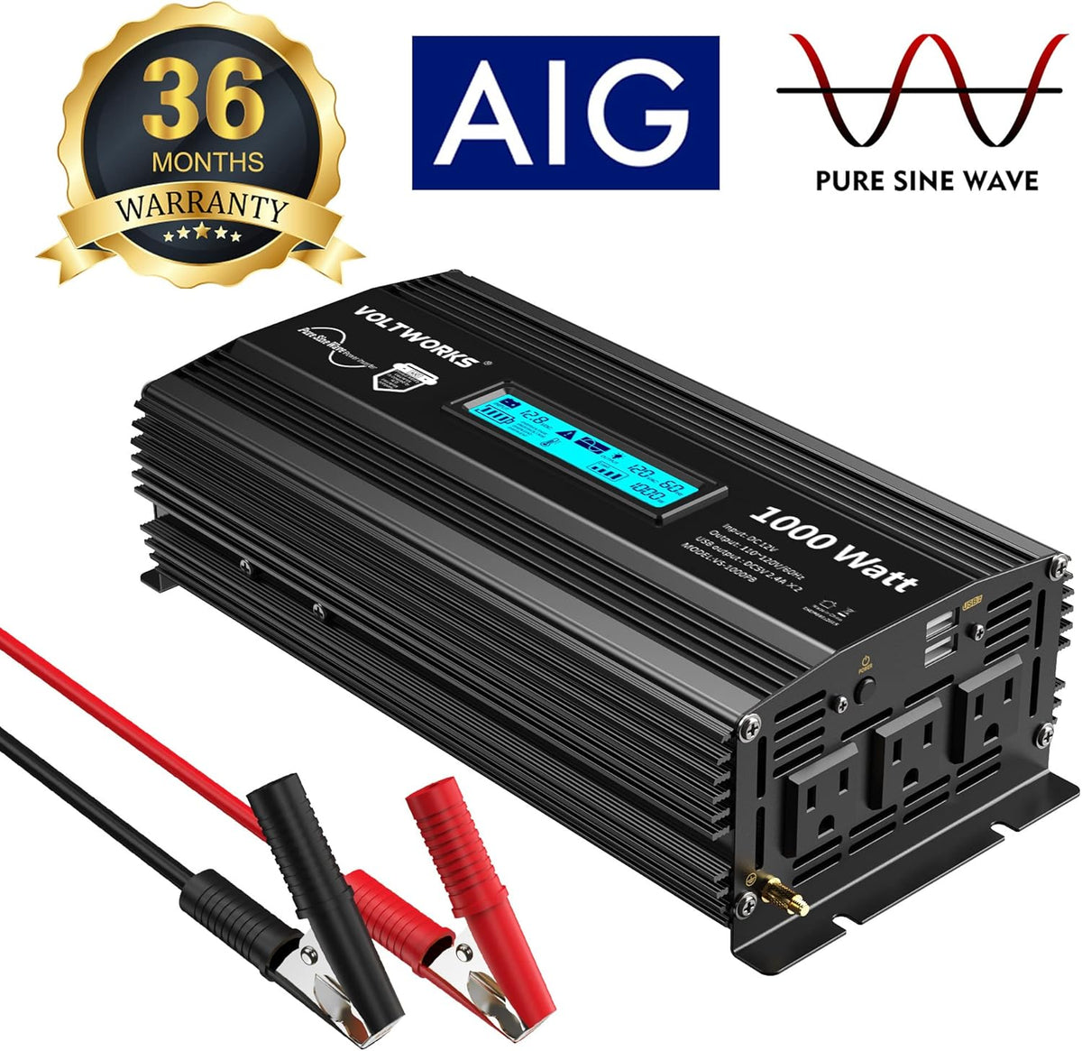 Pure Sine Wave 2000Watt Car Power Inverter DC 12V to 120V AC with 2 AC Outlets USB Ports Remote Control LCD Display O413
