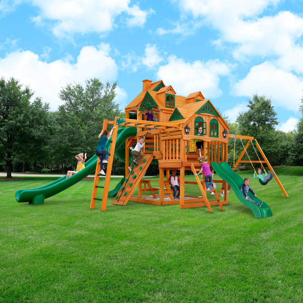 Wooden Swing Set with Monkey Bars and 3 Slides P356949