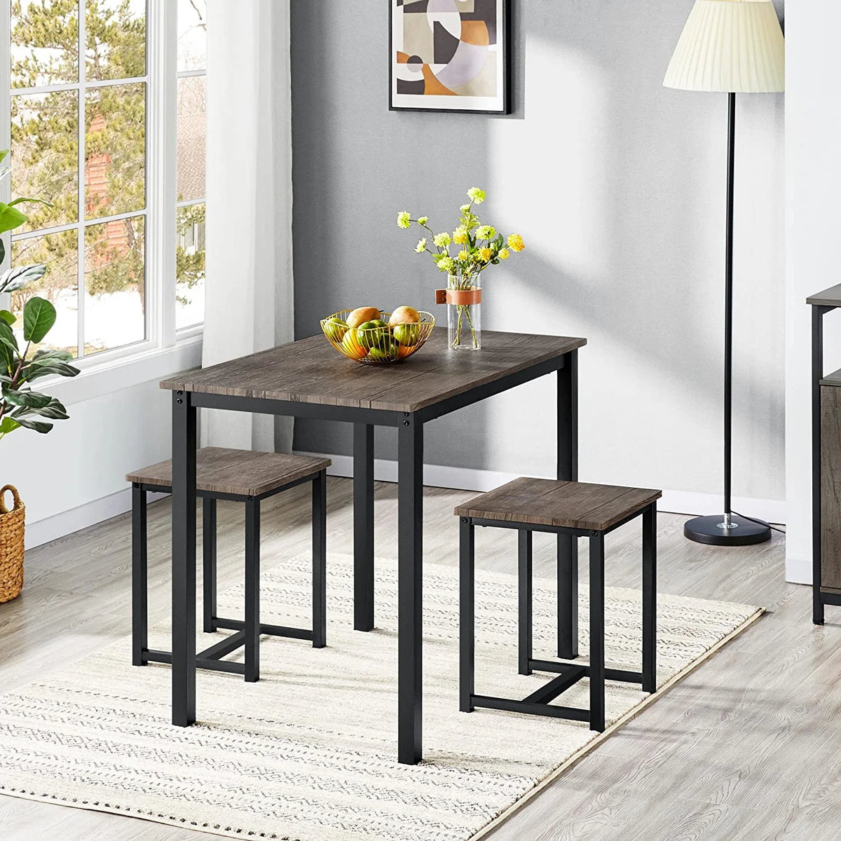 3 Piece Drift Brown Dining Table Set with 2 Stools I2229