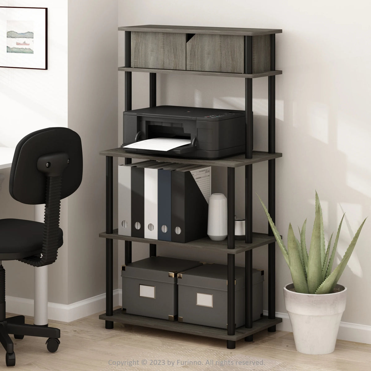 French Oak Grey/Black Printer Stand with Top Cabinet K373707