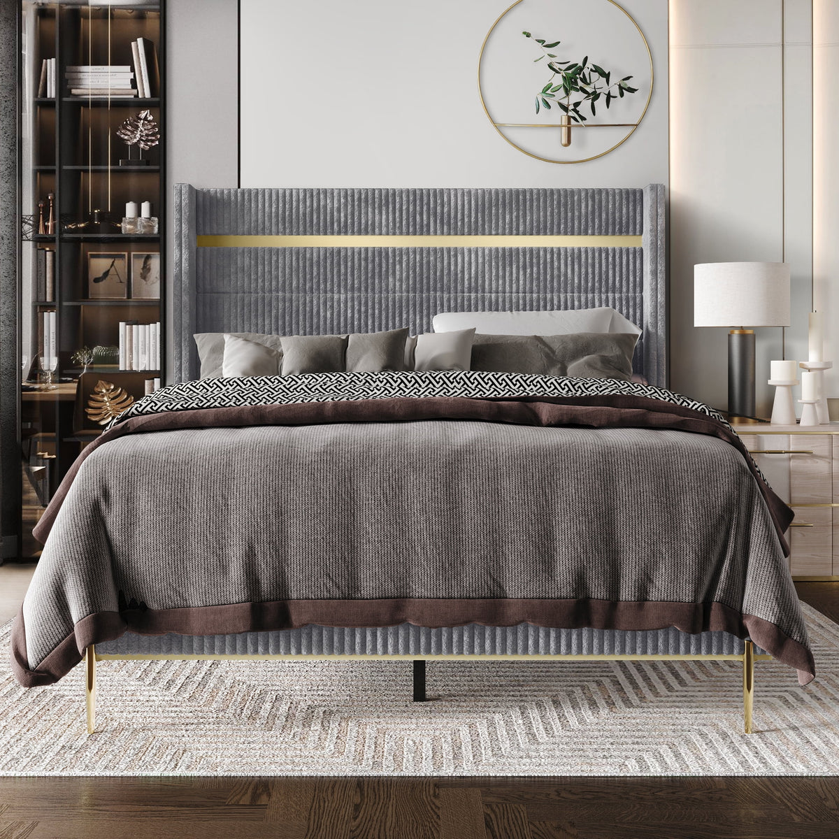 Gold PU Strip Wingback Velvet Upholstered Bed Black, Full U7443