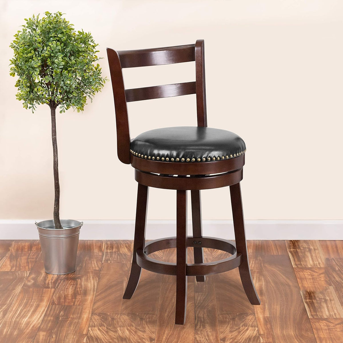 Cappuccino Wood Counter Height Stool with Black Swivel Seat B957835