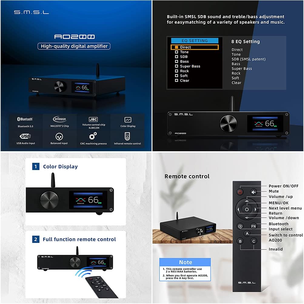 Digital Power Amplifier Bluetooth 5.0 2 Channel HiFi Desktop Amp with Remote Control Y153