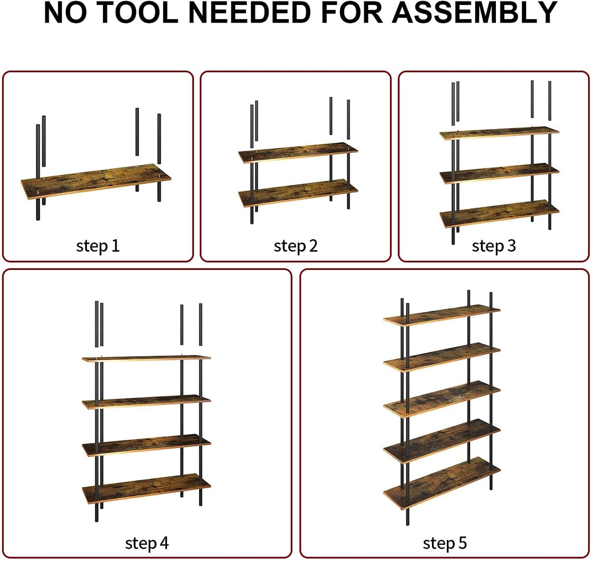 5 Tier Industrial Wood Bookshelf with Metal Frame G8526