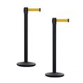 Set of 2 Retractable Belt Barrier Stanchion, Cast Iron Base Yellow Post X83258