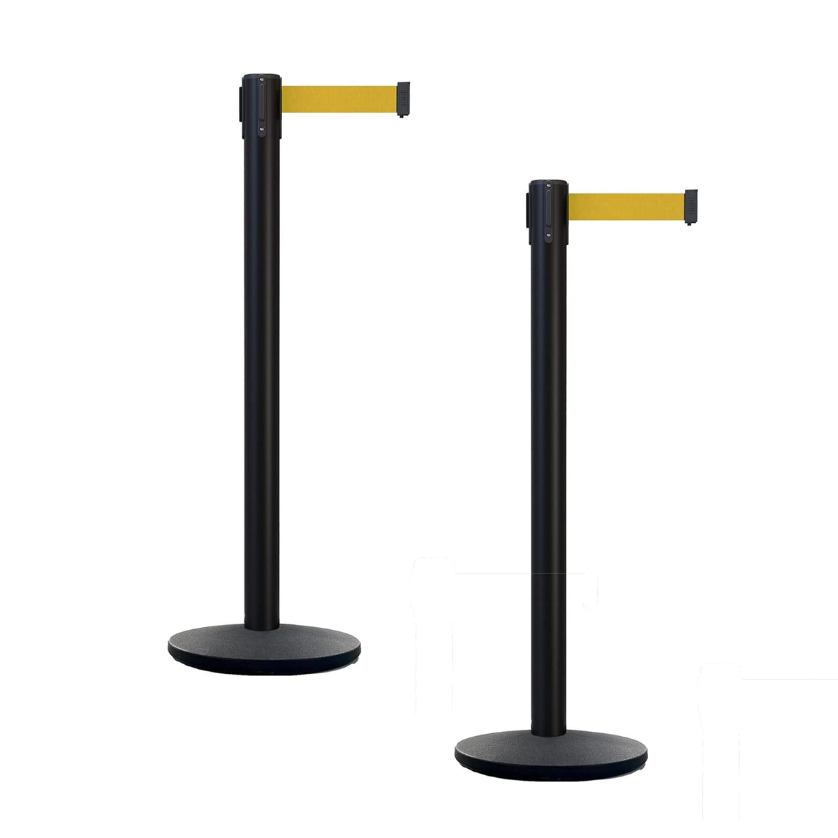Set of 2 Retractable Belt Barrier Stanchion, Cast Iron Base Yellow Post X83258