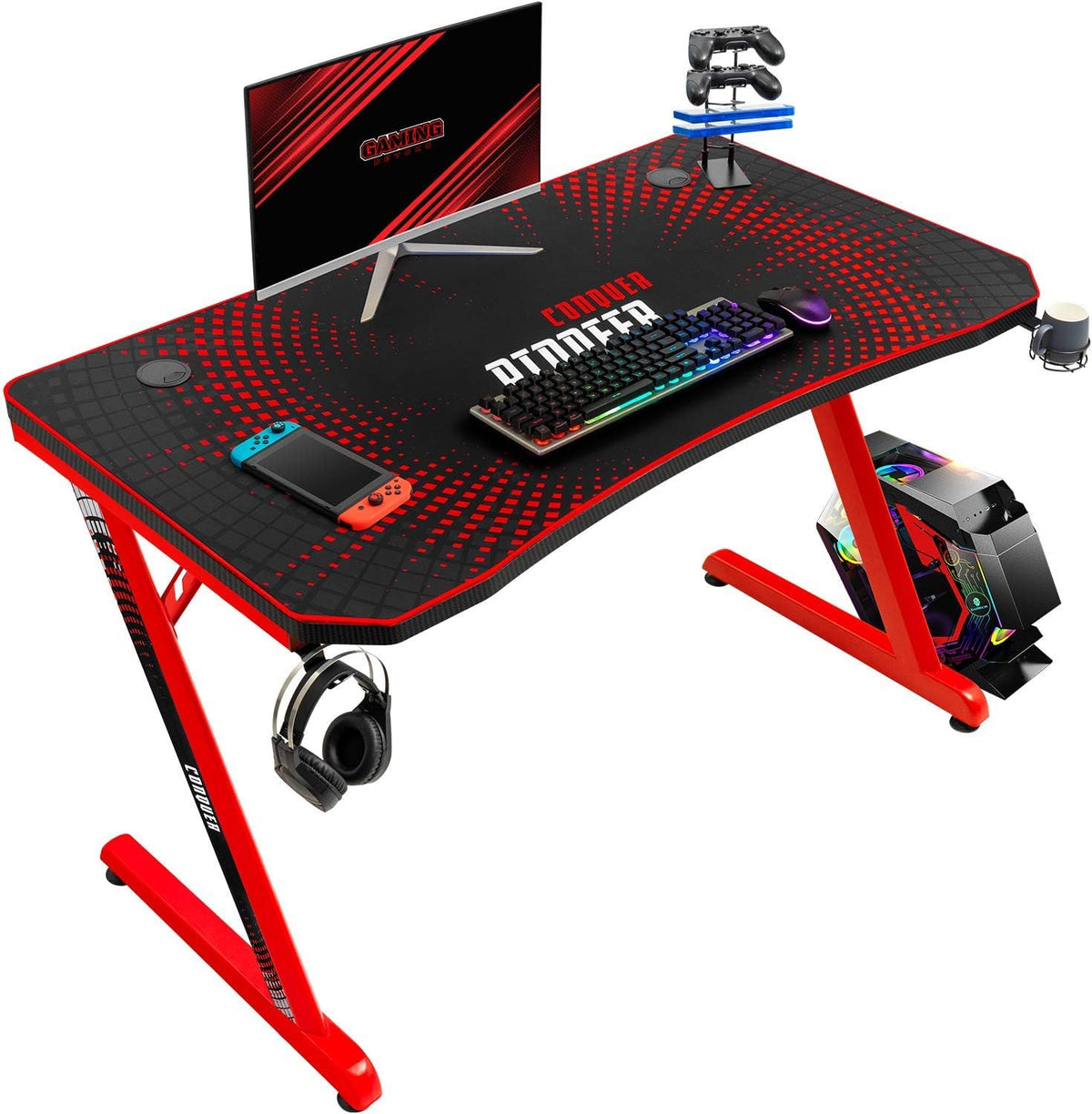 Black 55 inch Gaming Desk with Cup Holder and Headphone Hook C38366