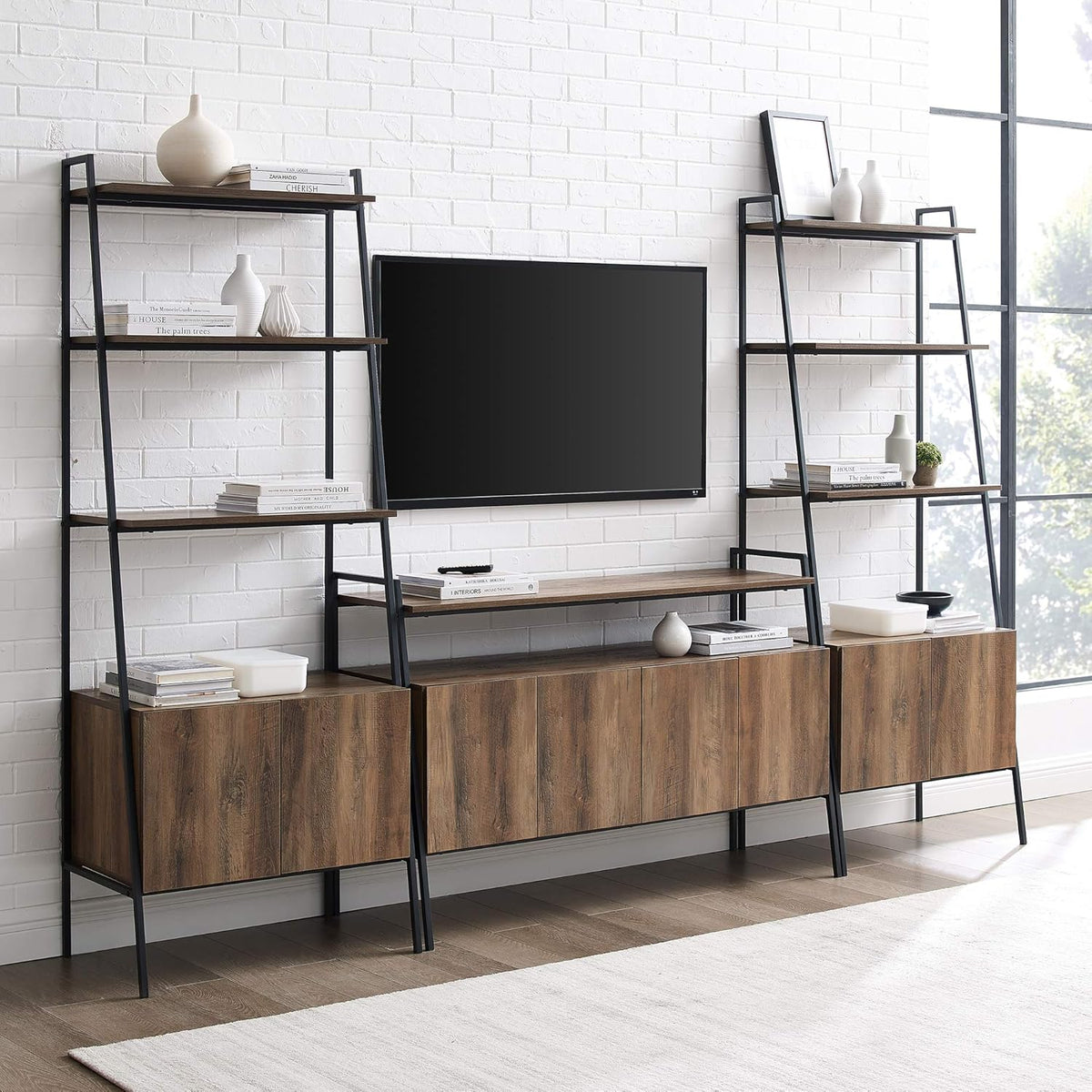 Industrial Metal and Wood Ladder Bookcase, 72 Inch, Dark Walnut A6997