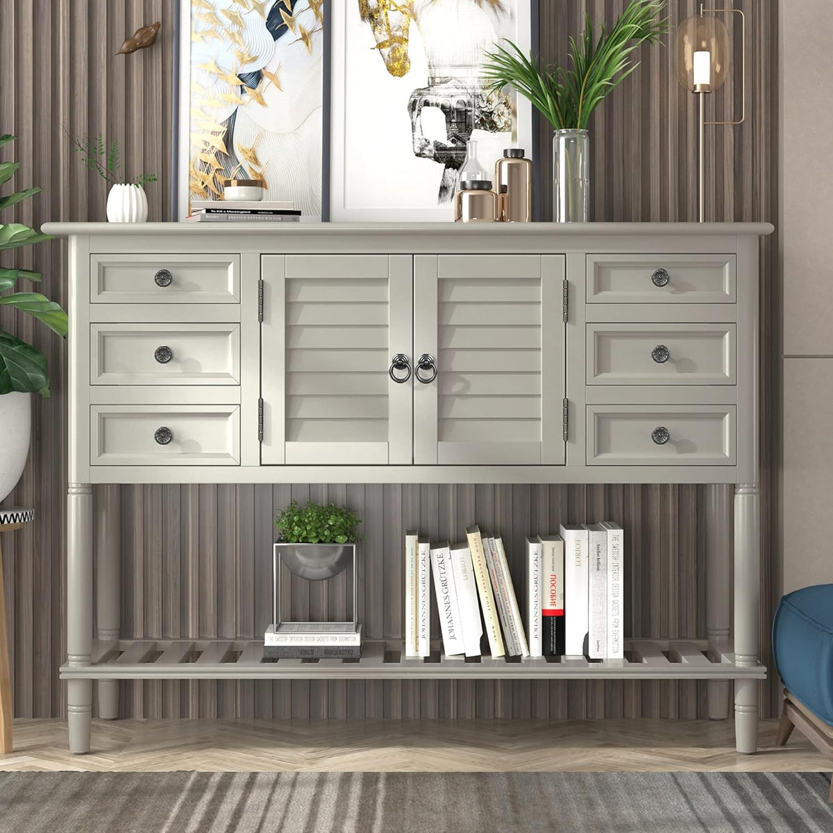 Light Green MDF Sideboard Console Table with 6 Drawers R274