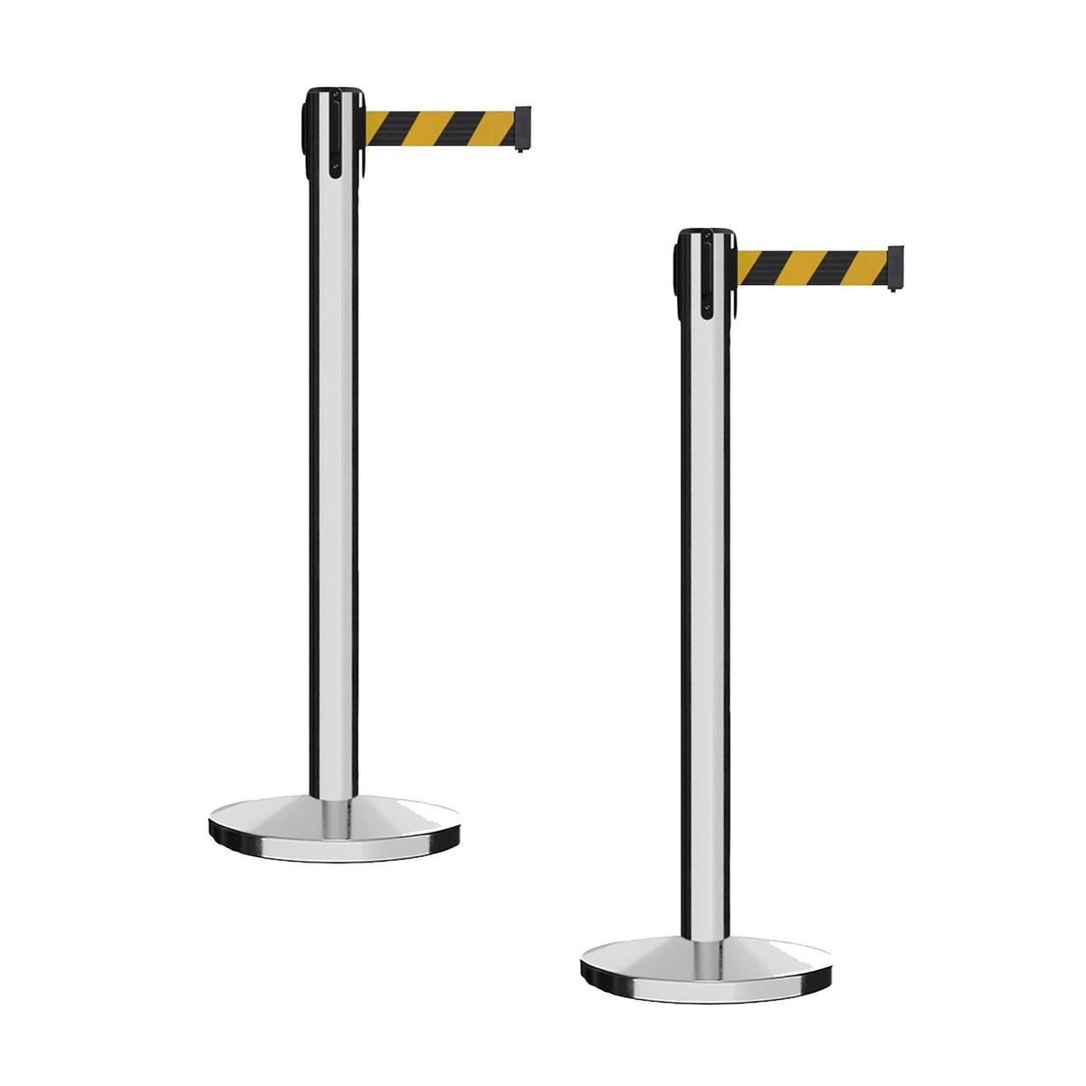 Set of 2 Retractable Belt Barrier Stanchion, Cast Iron Base Yellow Post X83258