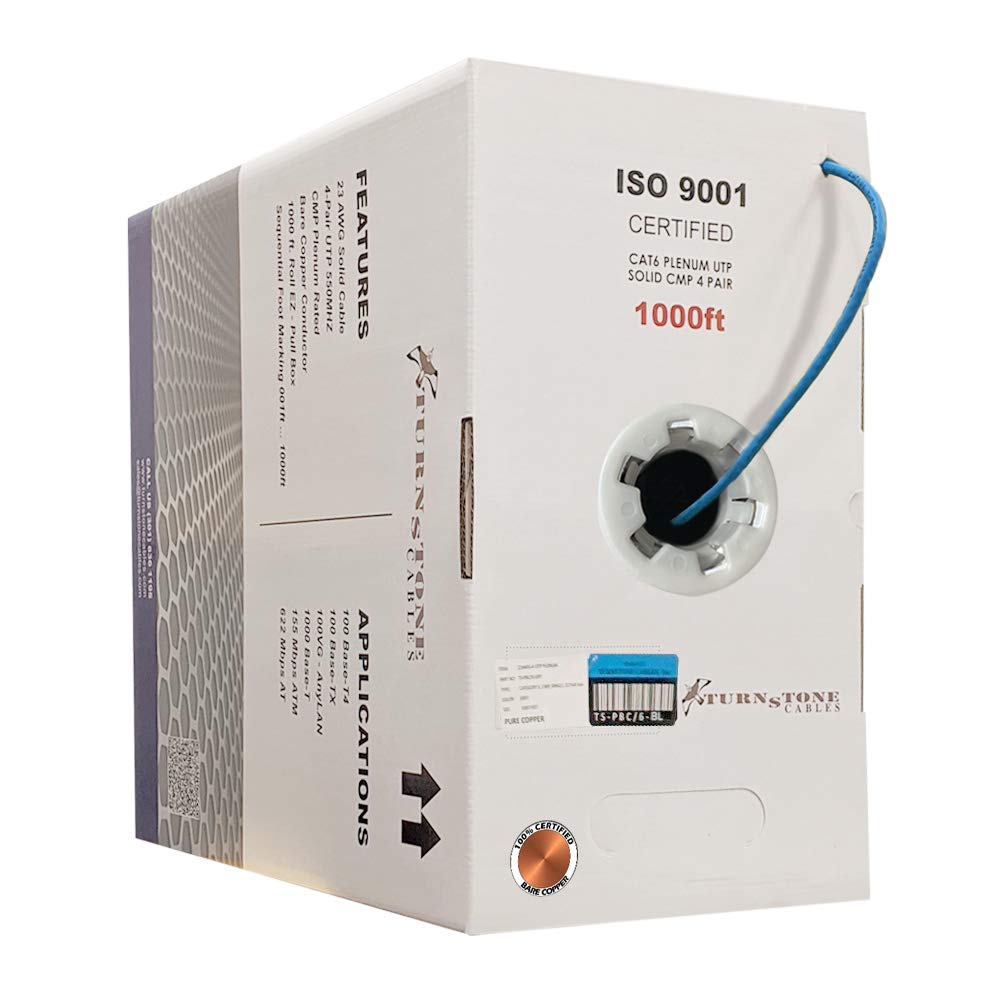 Cat6 Plenum 1000ft 23AWG Bare Copper UTP Bulk Ethernet Cable S574123