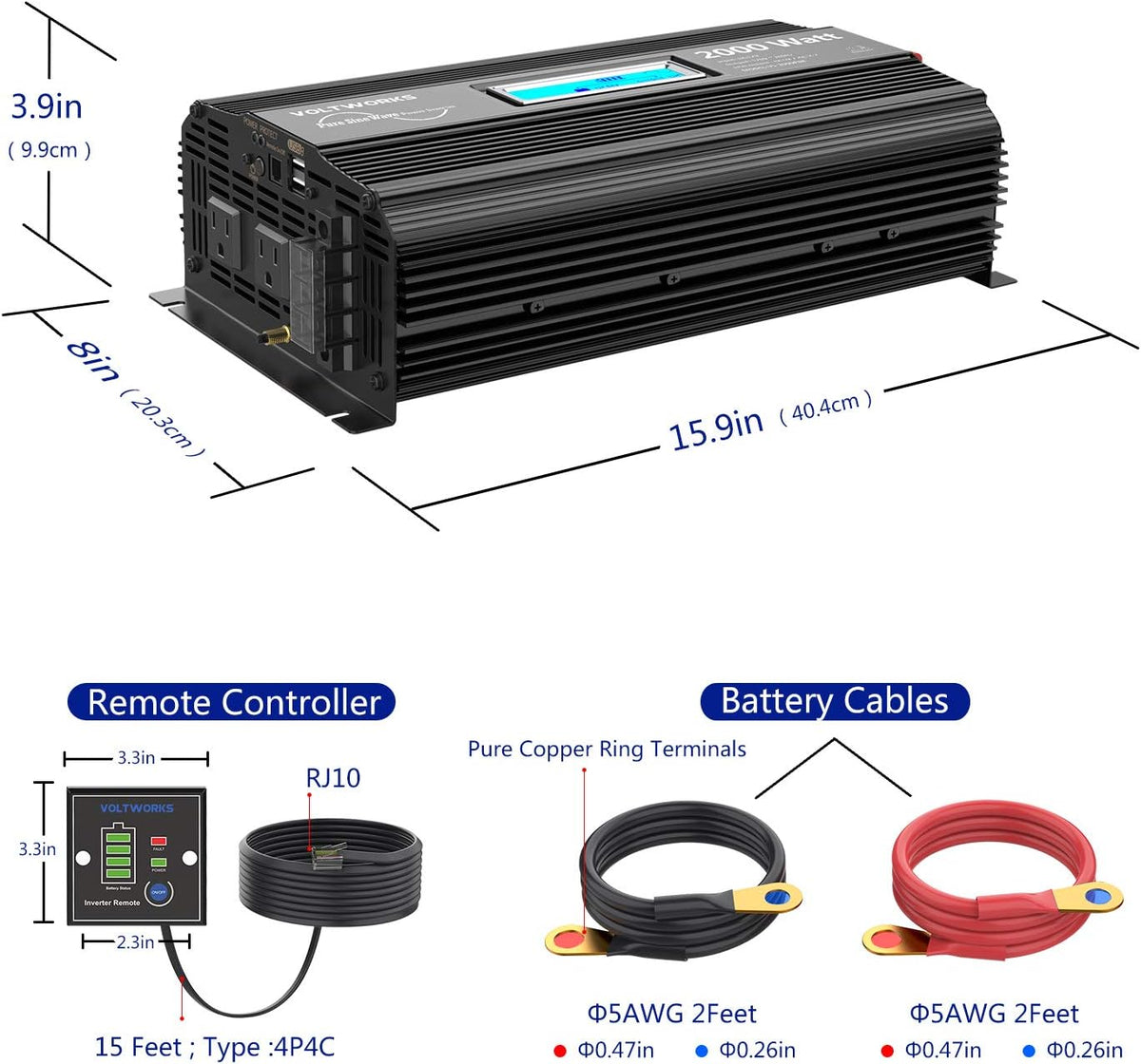 Pure Sine Wave 2000Watt Car Power Inverter DC 12V to 120V AC with 2 AC Outlets USB Ports Remote Control LCD Display O413