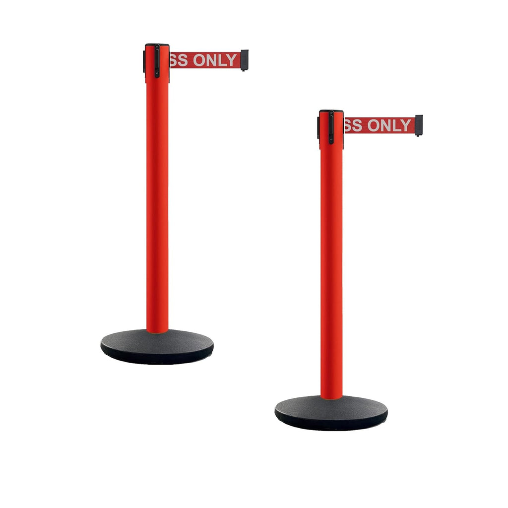 Set of 2 Retractable Belt Barrier Stanchion, Cast Iron Base Yellow Post X83258