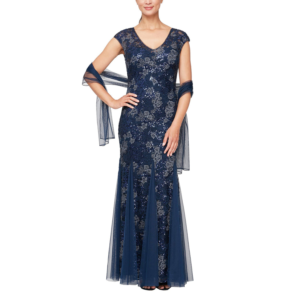 Illusion V-Neck Embroidered Lace Gown K19370