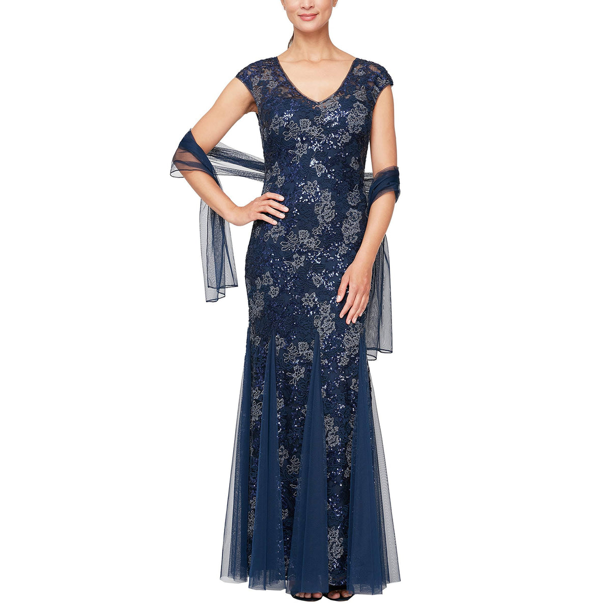 Illusion V-Neck Embroidered Lace Gown K19370