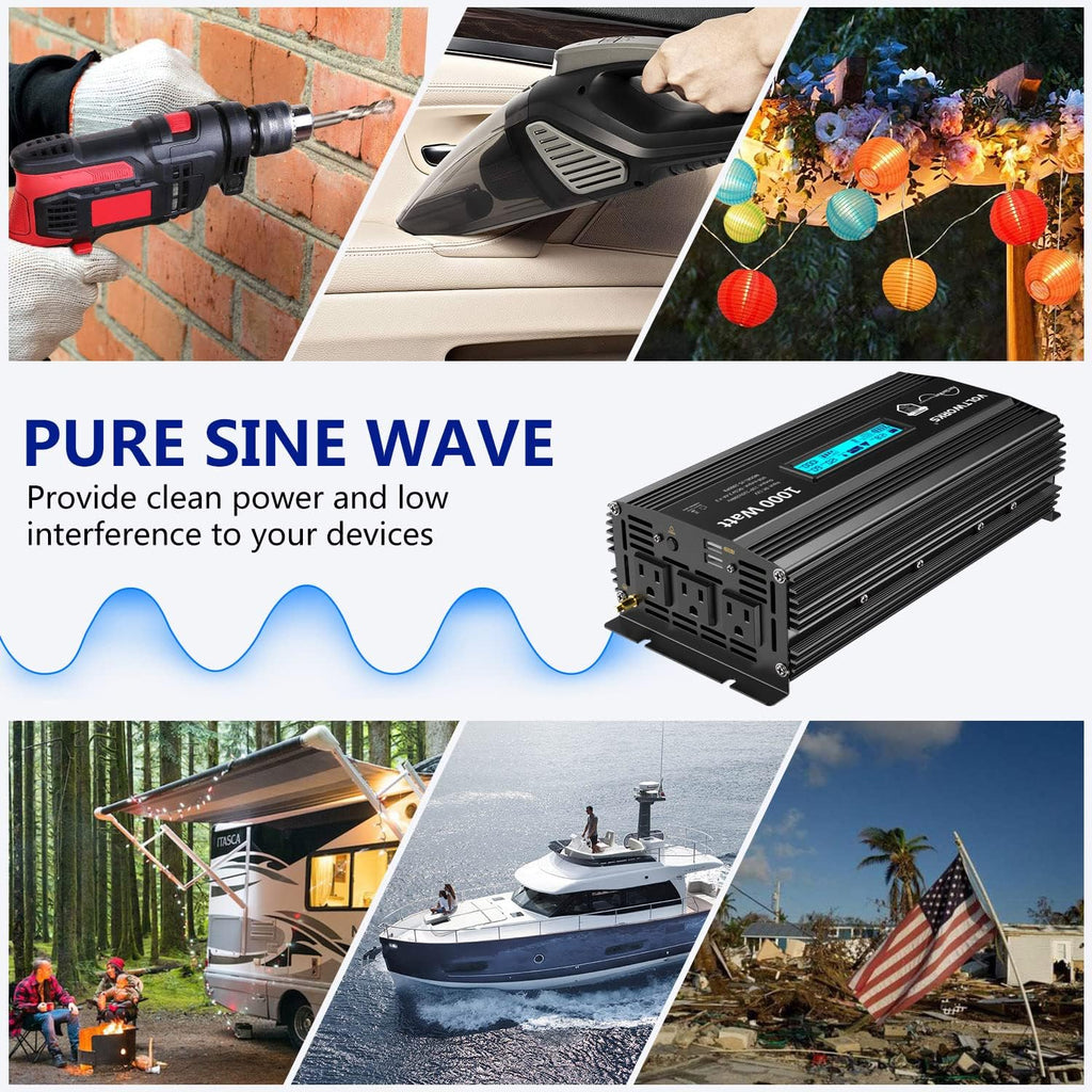 Pure Sine Wave 2000Watt Car Power Inverter DC 12V to 120V AC with 2 AC Outlets USB Ports Remote Control LCD Display O413