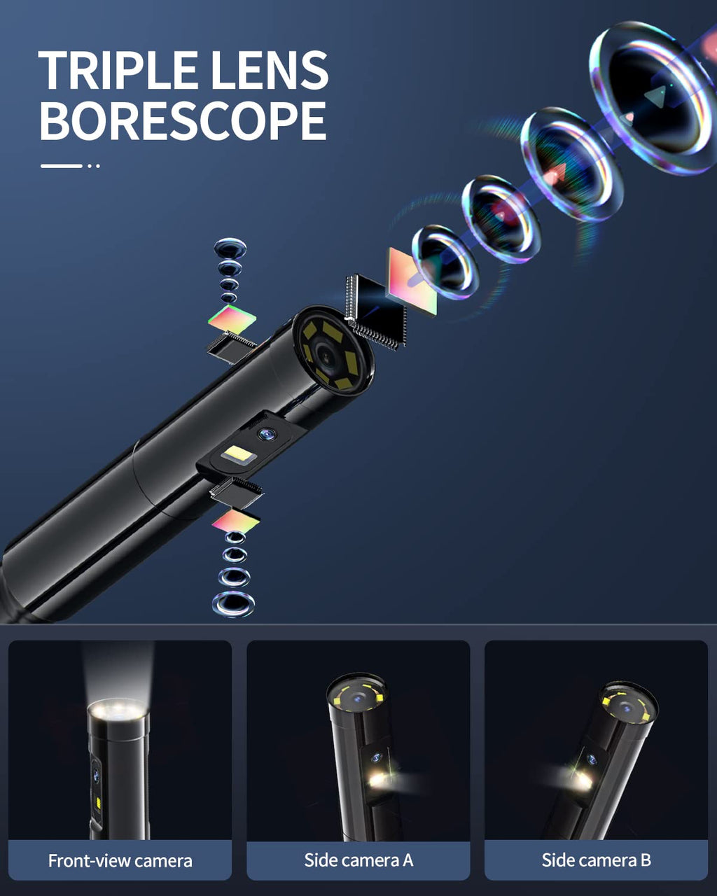 Triple-Lens Borescope Inspection Camera with Light K617