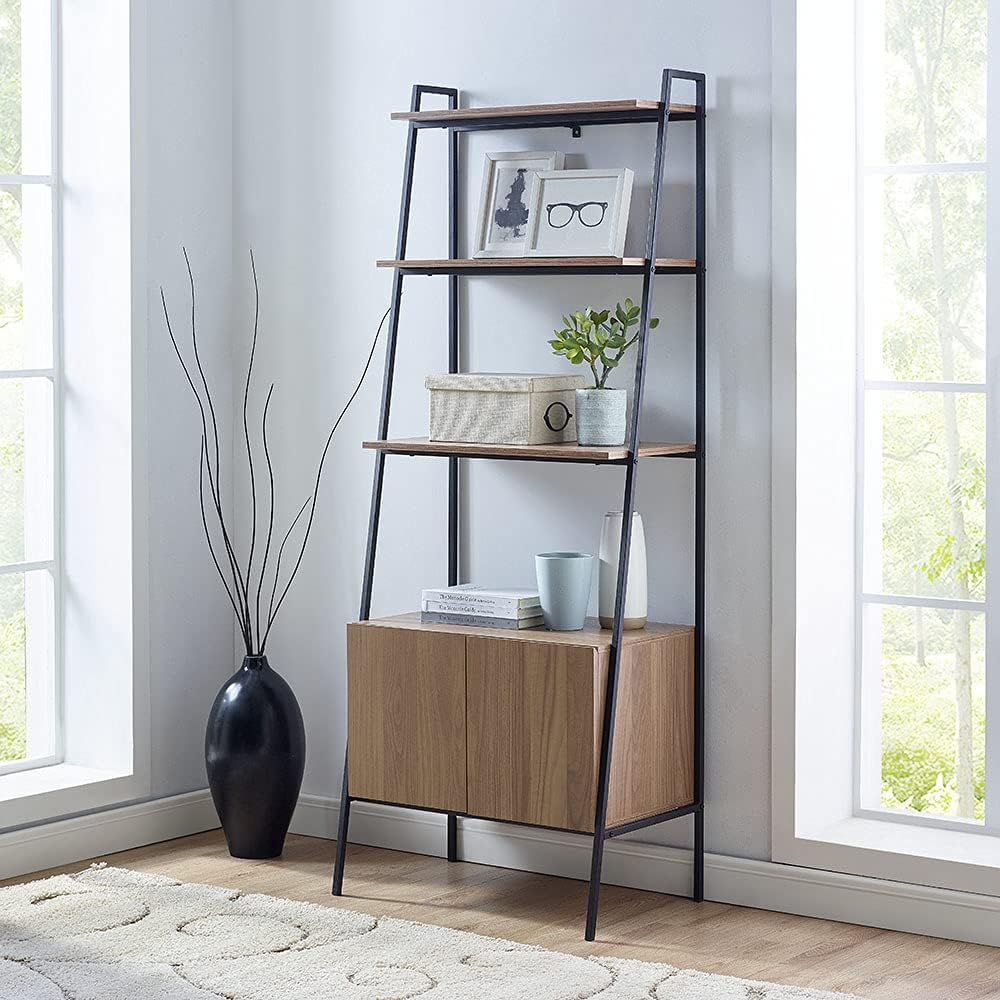 Industrial Metal and Wood Ladder Bookcase, 72 Inch, Dark Walnut A6997