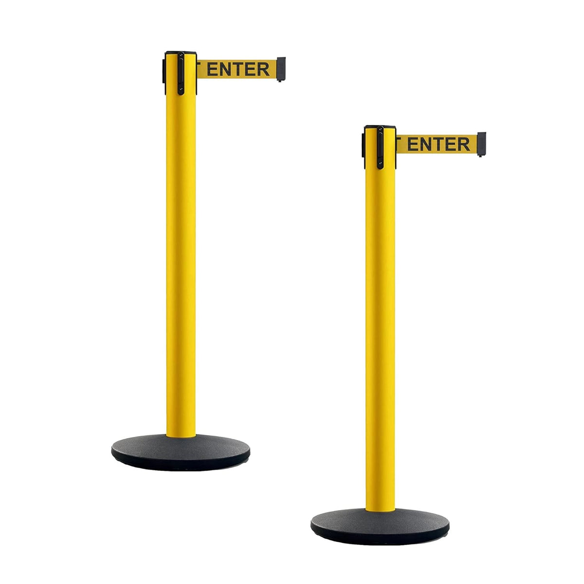 Set of 2 Retractable Belt Barrier Stanchion, Cast Iron Base Yellow Post X83258