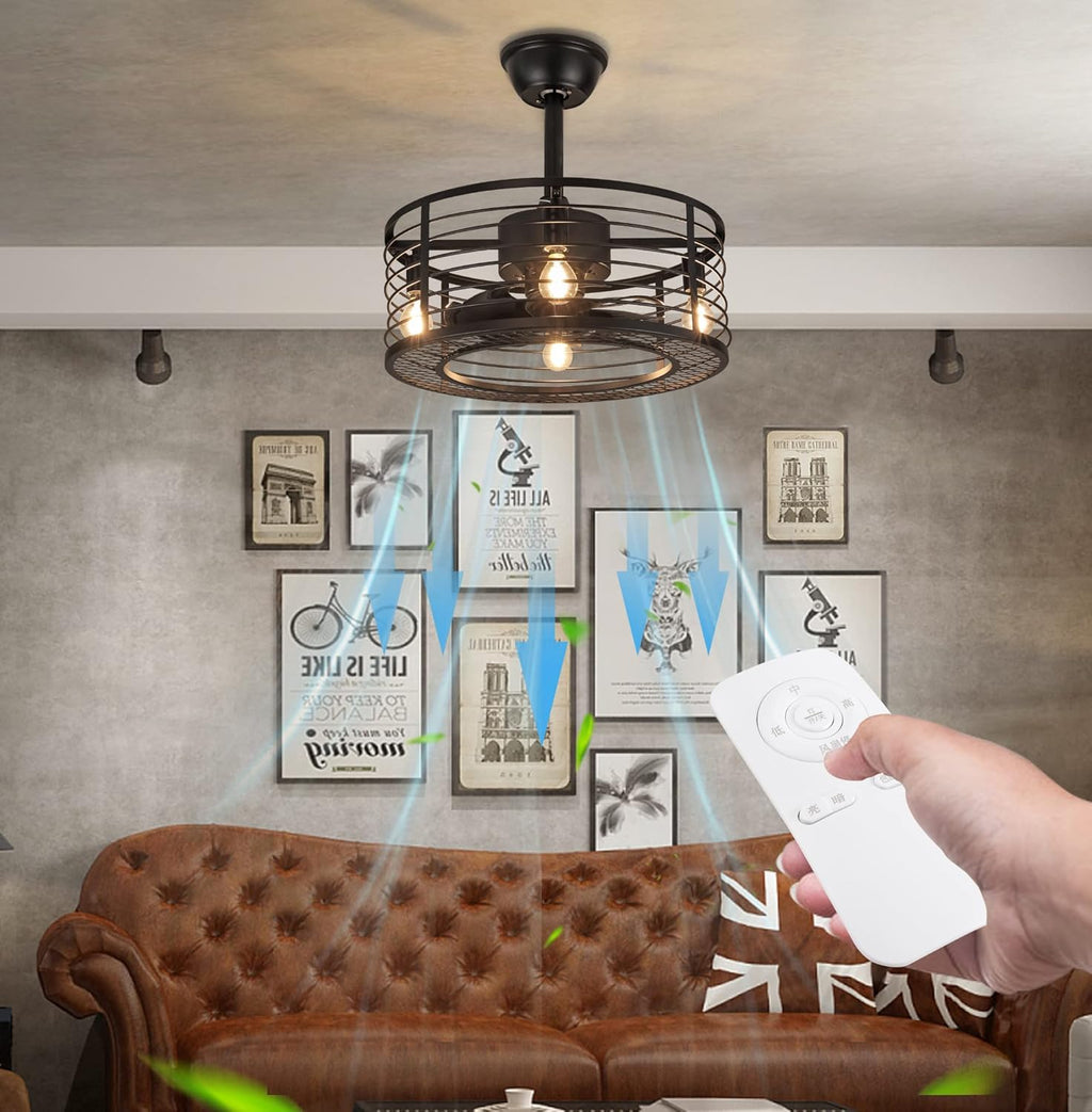 Black Caged Ceiling Fan with Light W44927