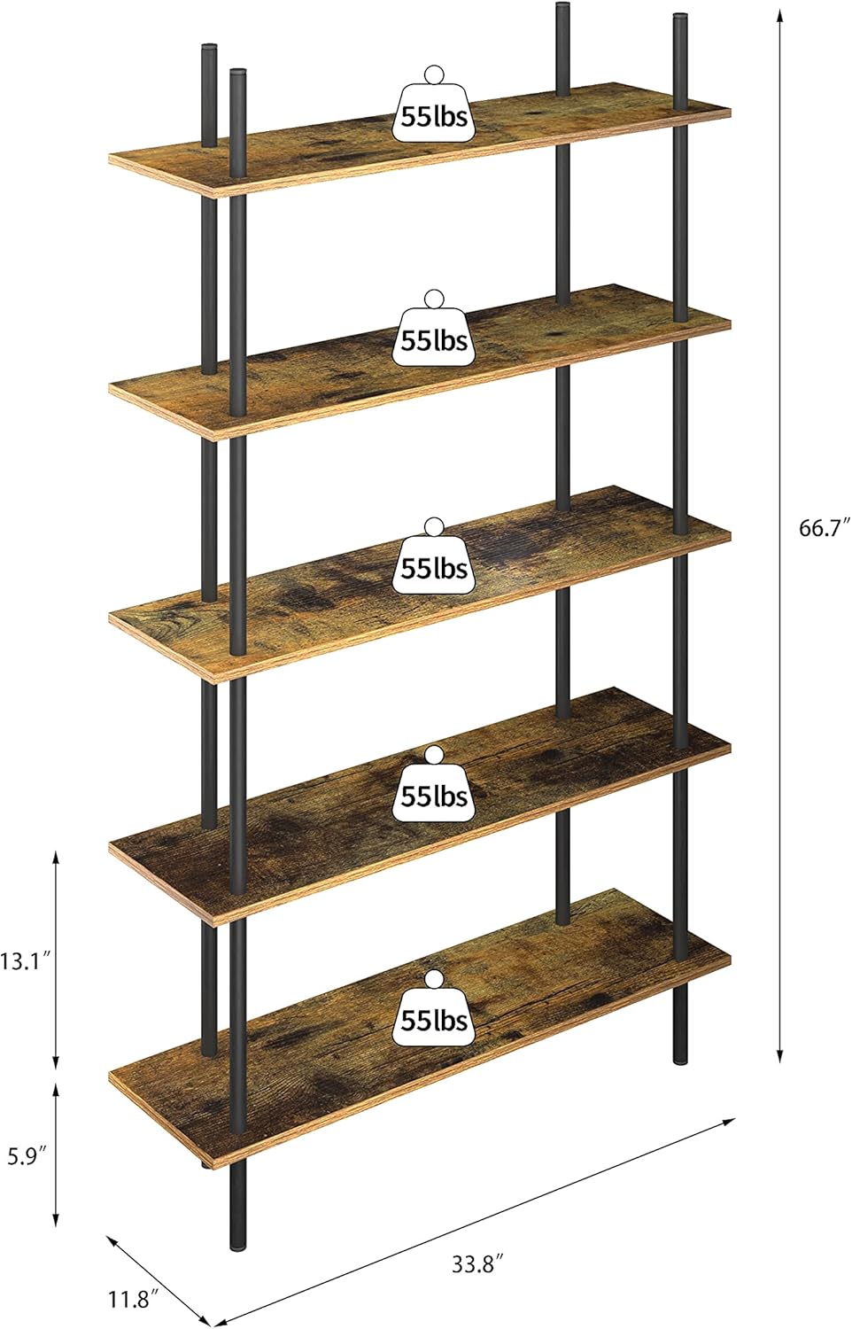 5 Tier Industrial Wood Bookshelf with Metal Frame G8526