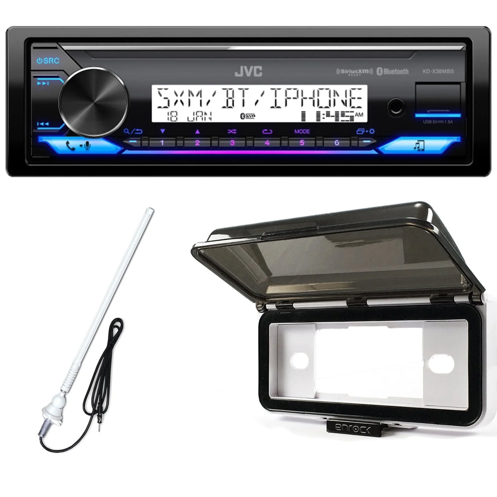 Single DIN Marine Bluetooth USB AUX LED AM/FM Radio Stereo Receiver with Dash Protector and Antenna H26398