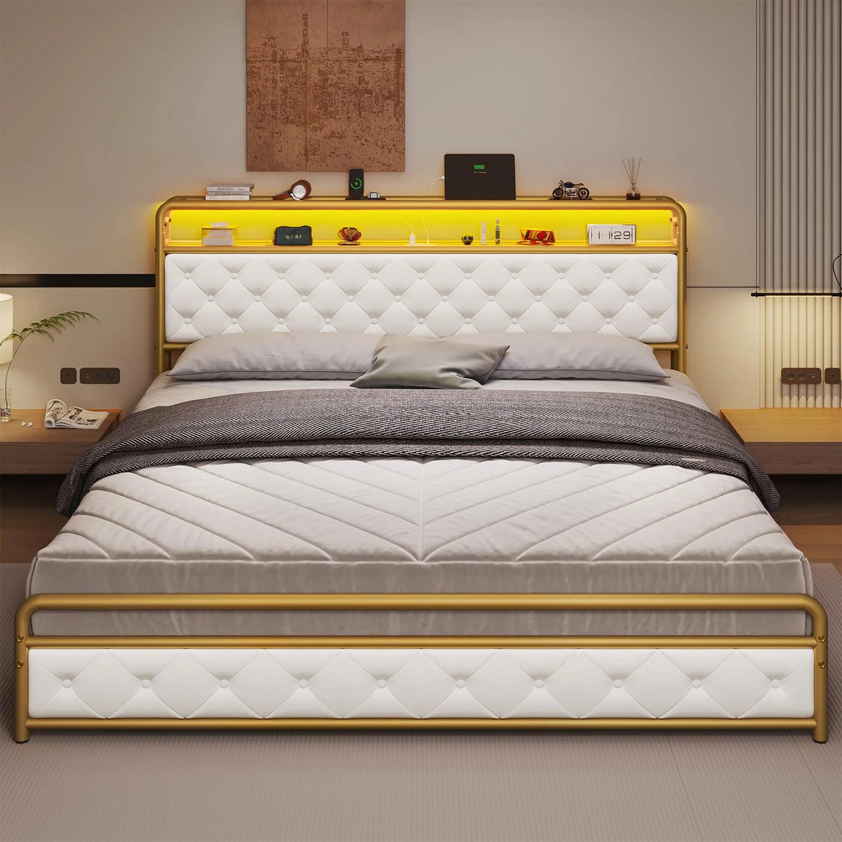 King Bed Frame with Storage Headboard and USB-C Charging Station Y891
