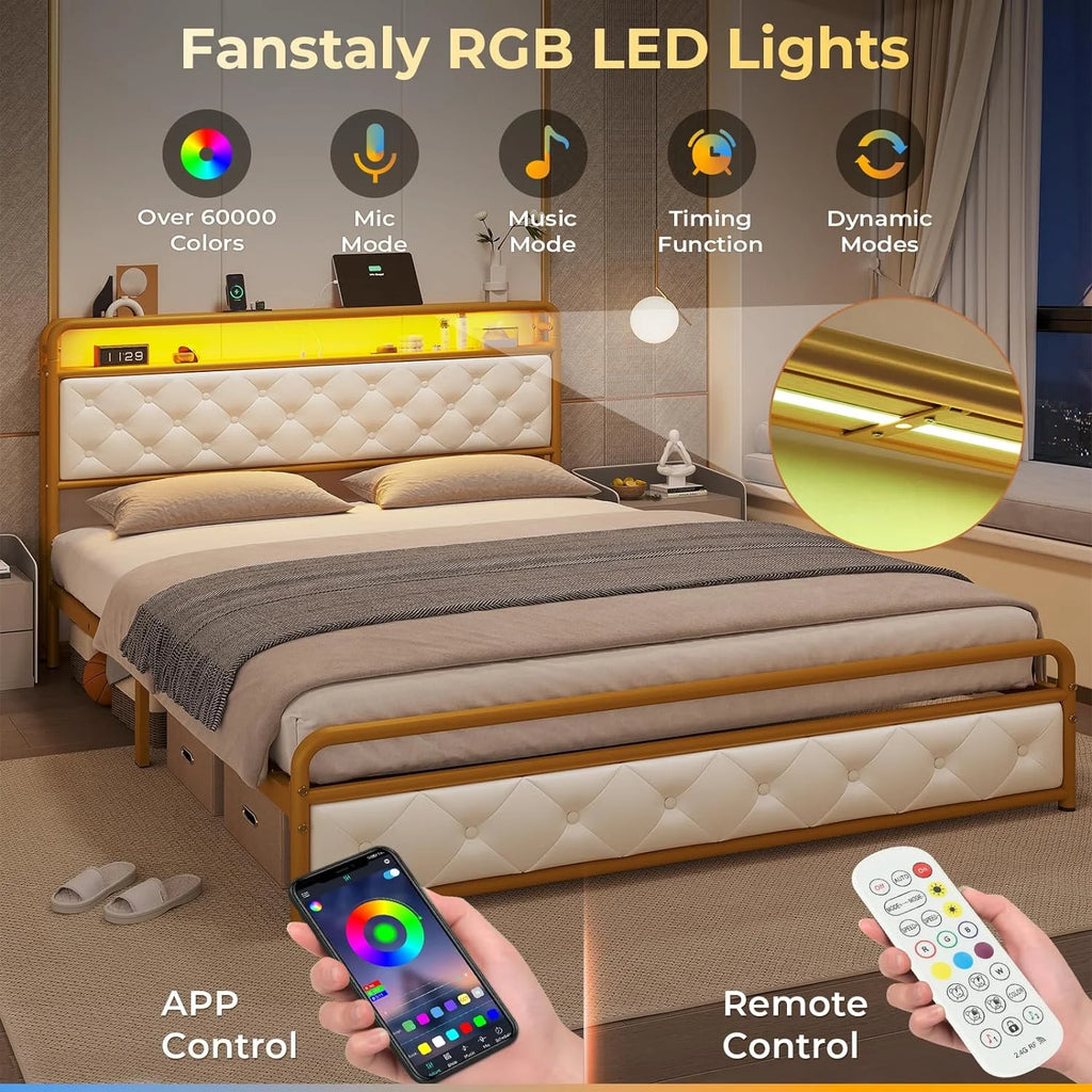 King Bed Frame with Storage Headboard and USB-C Charging Station Y891