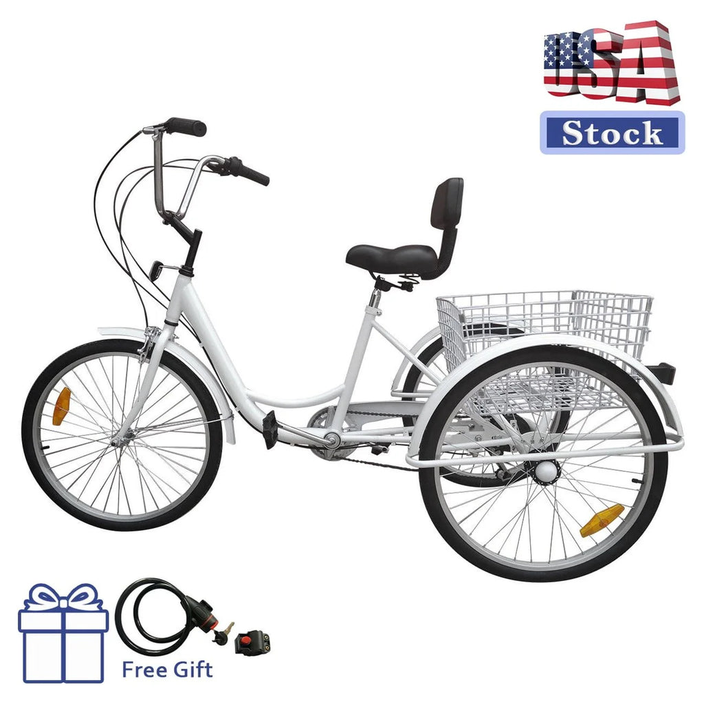 24" 7-Speed 3-Wheel Tricycle with Basket White M394