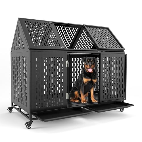 52 Inch Heavy Duty XXL Dog Crate with Open Roof Top, Trays and Wheels O893102