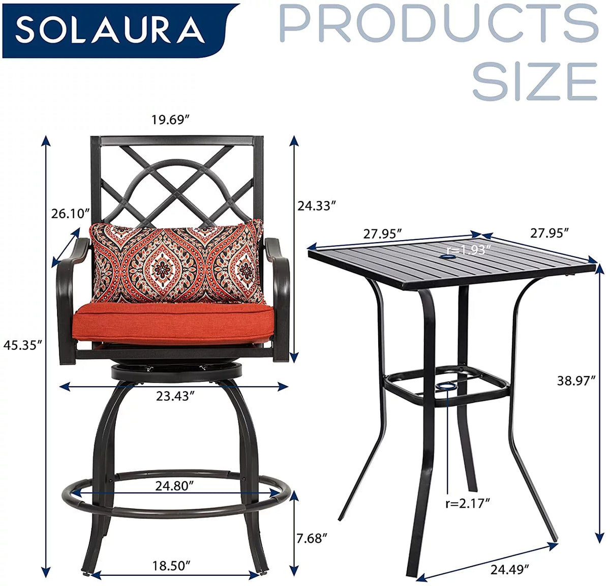 3 Pieces Outdoor Bar Height Bistro Set with Swivel Stools and Table, Black P28995