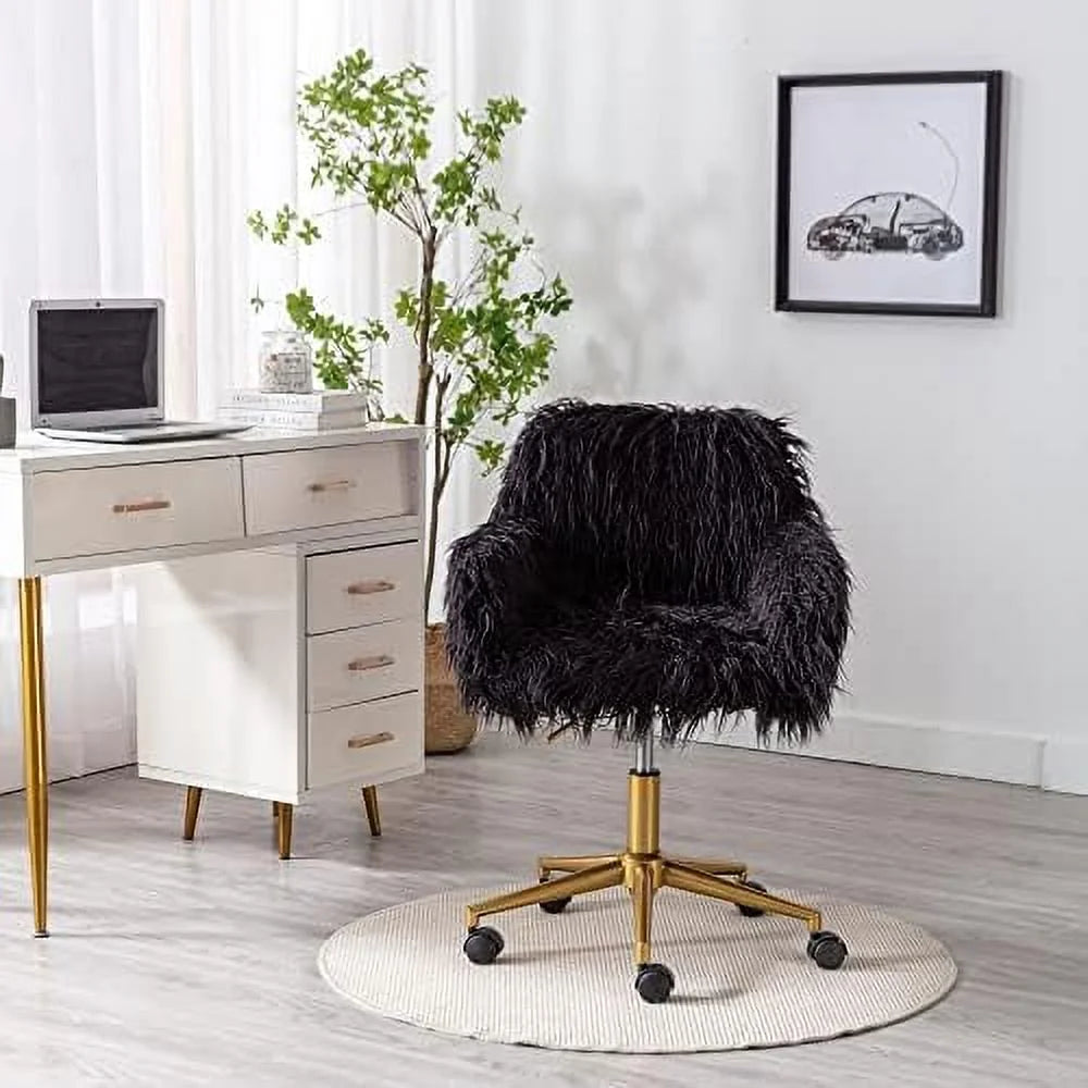 Fluffy Faux Fur Swivel Desk Chair with Wheels U62856