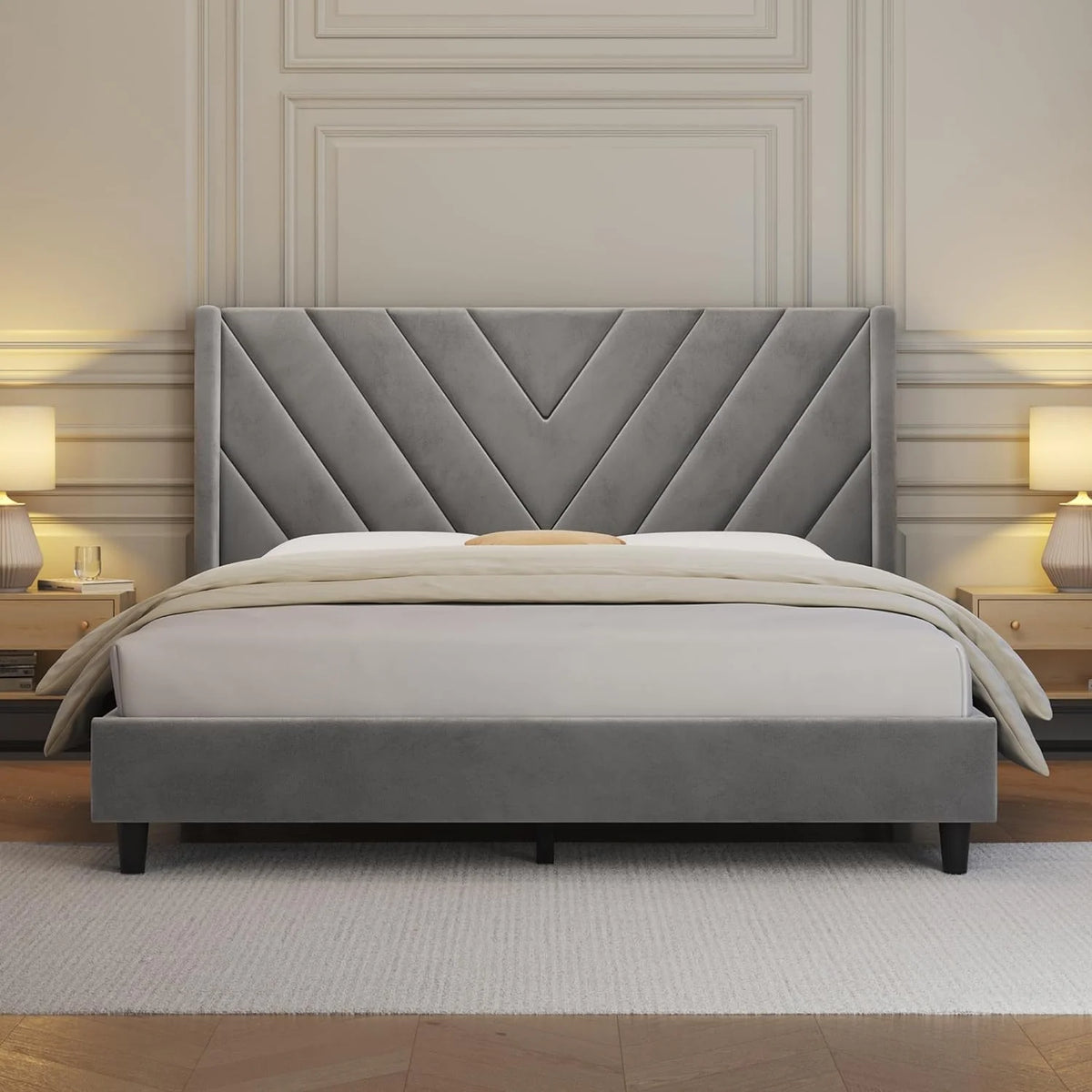 Dark Grey Full Upholstered Platform Bed Frame with Tufted Headboard H224
