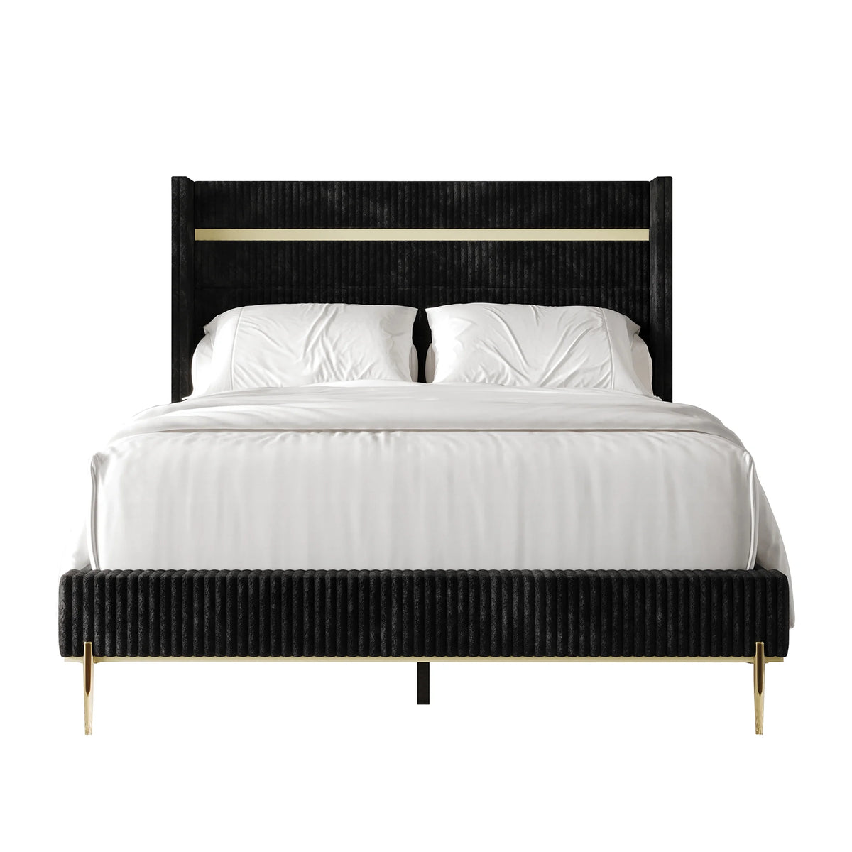 Gold PU Strip Wingback Velvet Upholstered Bed Black, Full U7443