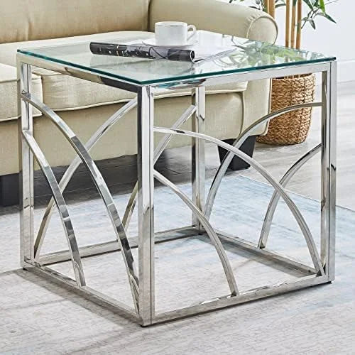 Glass End Table Set of 1 Square Tempered Glass Stainless Steel Side Table T8330