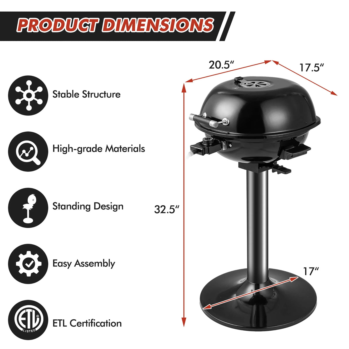 Portable 1600W Electric BBQ Grill with Temperature Control Black N7468