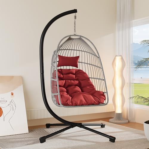 Foldable Hanging Egg Chair with Stand, HDPE Rattan and Aluminum-Steel Frame, 350 Lbs Capacity, Beige M628801