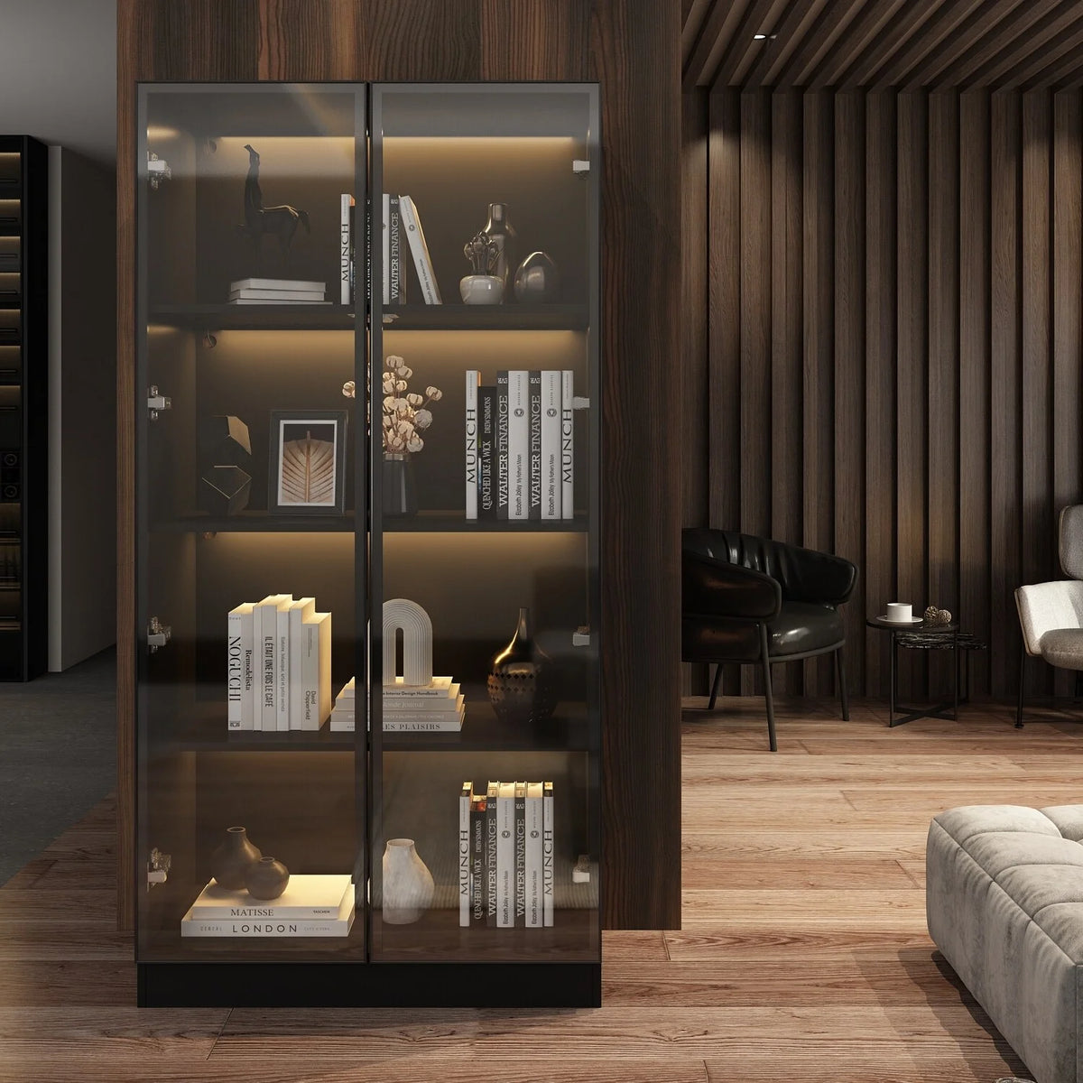 Black Wood Glass Display Cabinet with 4 Shelves F626016
