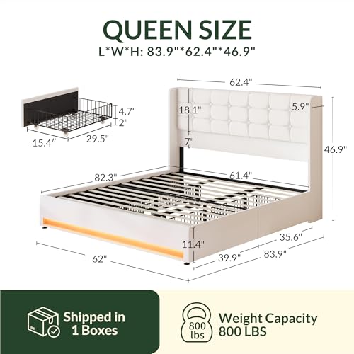 Queen Size White Velvet Upholstered Platform Bed Frame with 4 Storage Drawers P144410