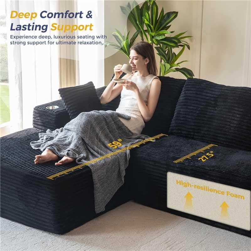 110" Modular Sectional Couch with L-Shape Chaise Black C6125