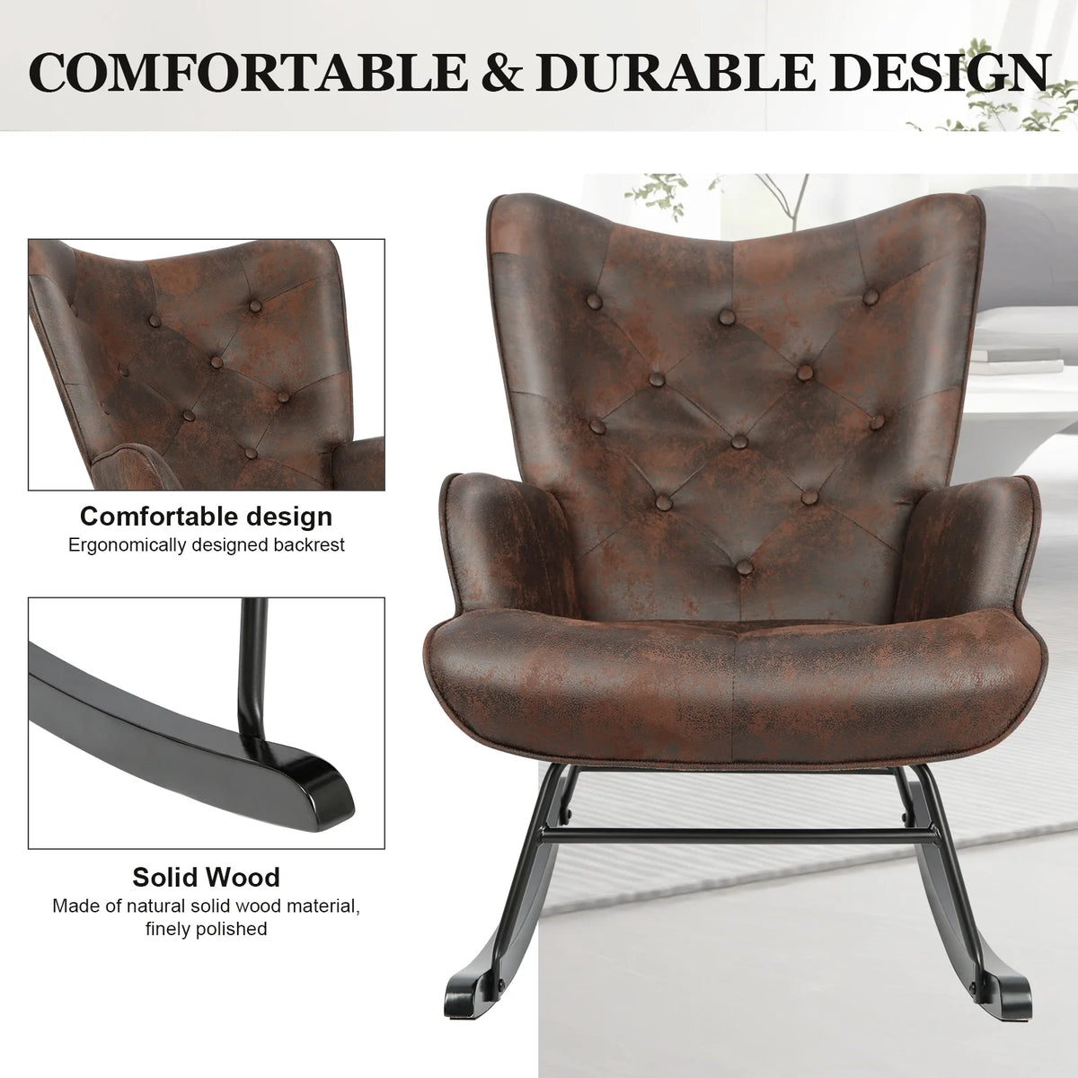 Black Polyester Fabric Rocker Glider Chair with Wooden Base R462