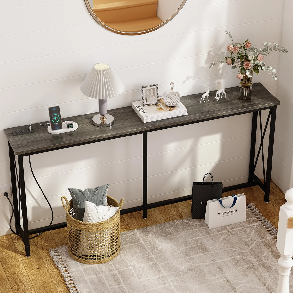 70 inch Console Table with Power Outlets Metal Frame Gray E95410