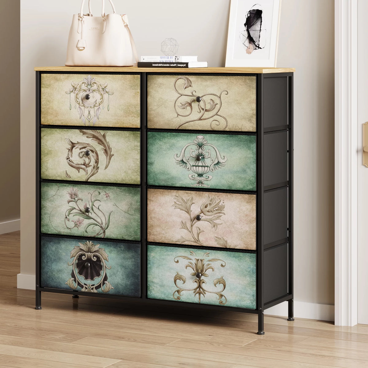9 Drawer Dresser with Steel Frame Wooden Top J365