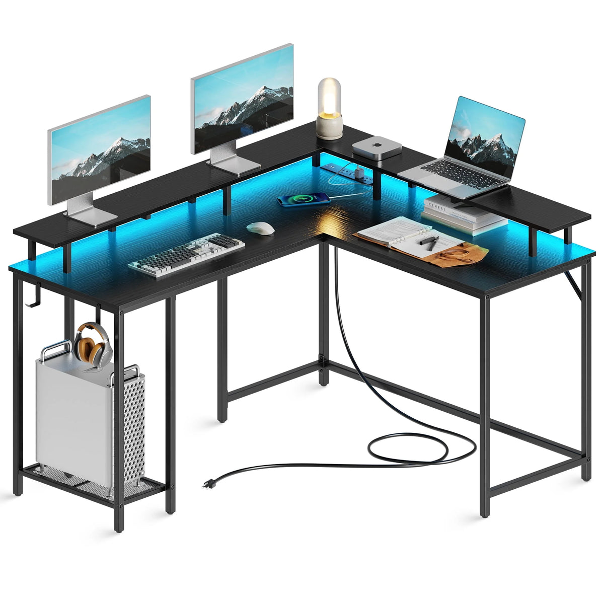 Black L Shaped Desk with Outlets USB Ports and Storage Shelves Y24022