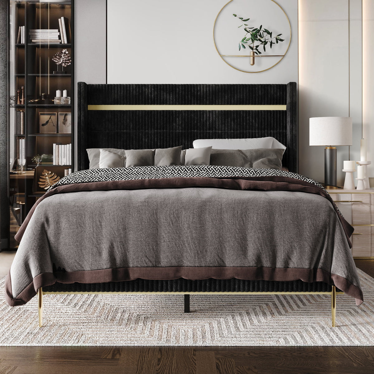 Gold PU Strip Wingback Velvet Upholstered Bed Black, Full U7443