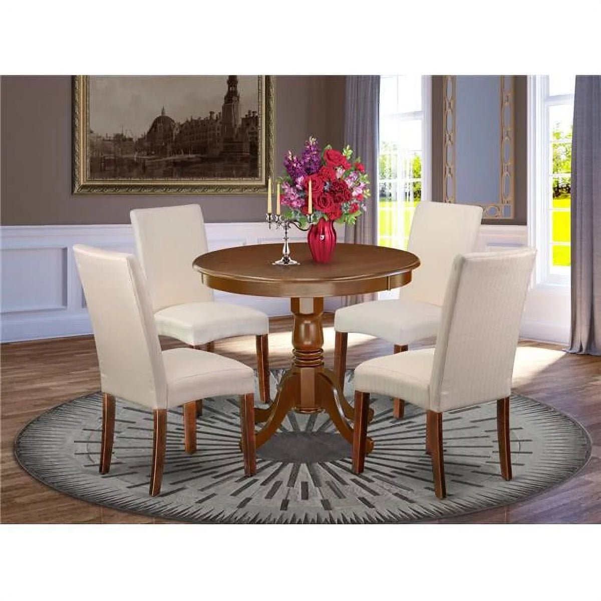 Antique Round Table & 4 Parson Chair 5 Piece R2767