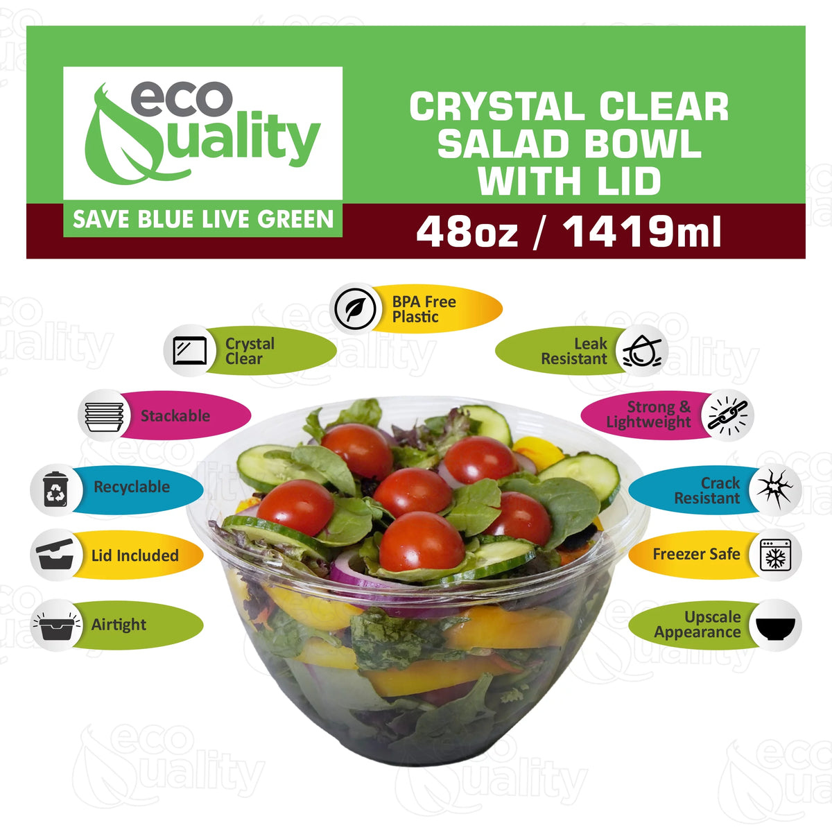 Clear 48oz Disposable Salad Bowls with Lids G4982