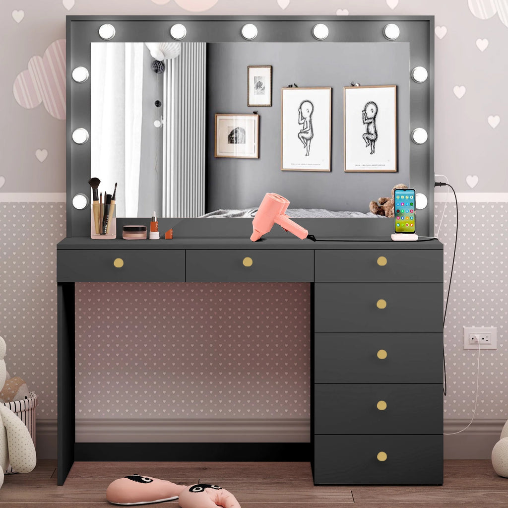 Black Painted Makeup Vanity Table with Light Bulbs G495