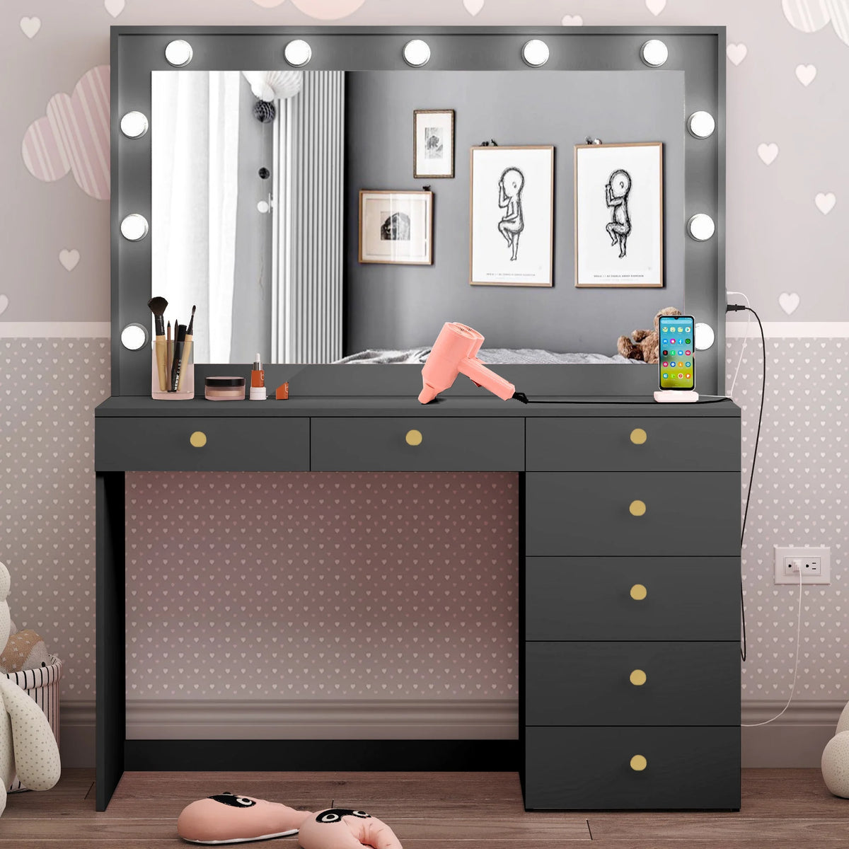 Black Painted Makeup Vanity Table with Light Bulbs G495