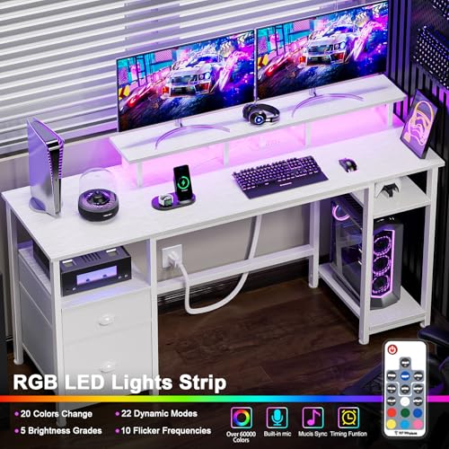 61" Computer Desk with Power Outlet and LED Lights N22195
